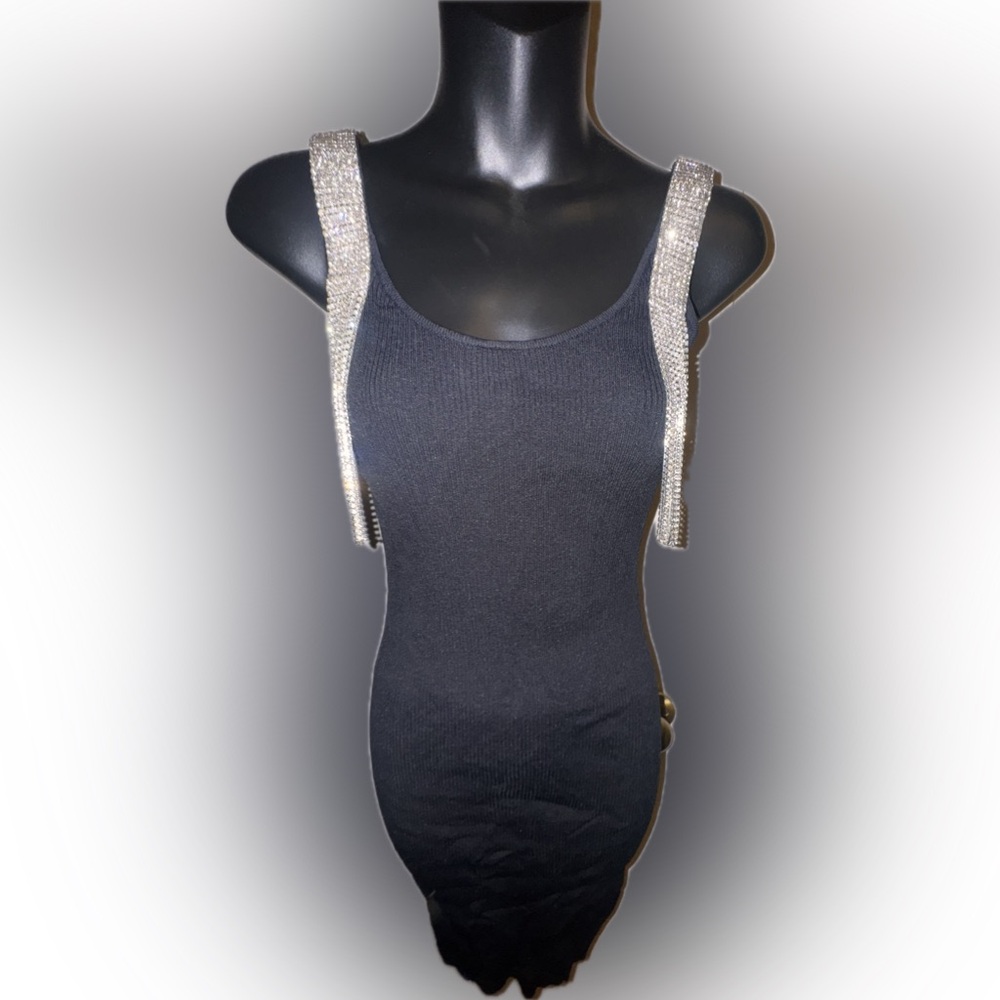 Women’s black mini dresss with diamond bling straps